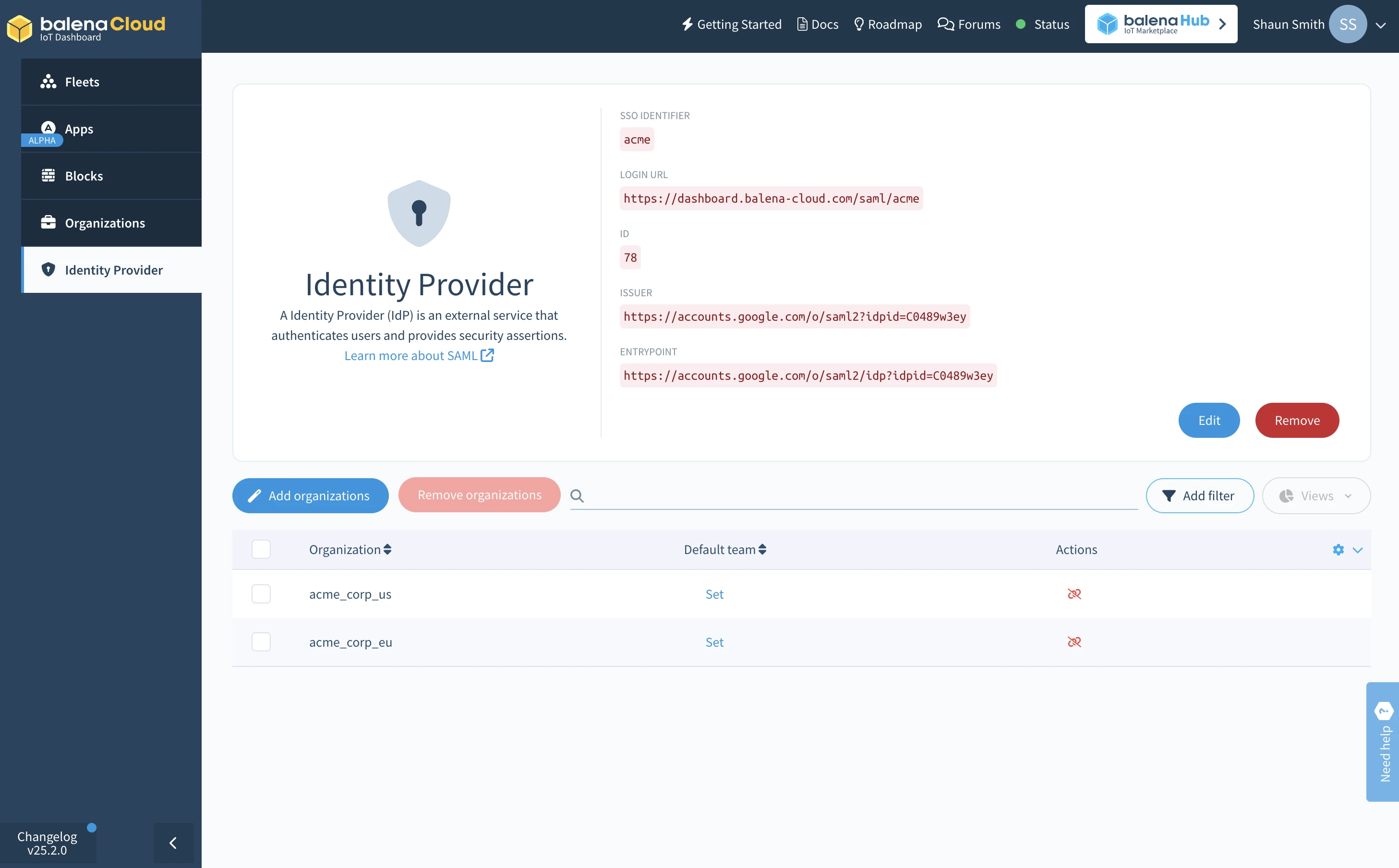 Fully configured IdP with two organizations associated